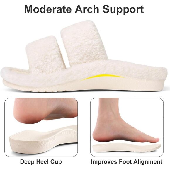 Women's White Fuzzy House Slippers with Moderate Arch Support Open Toe Cozy - Picture 4 of 6